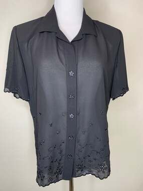 Studio I Black Sheer Chiffon Blouse Embroidered Scalloped Edge Sz 12